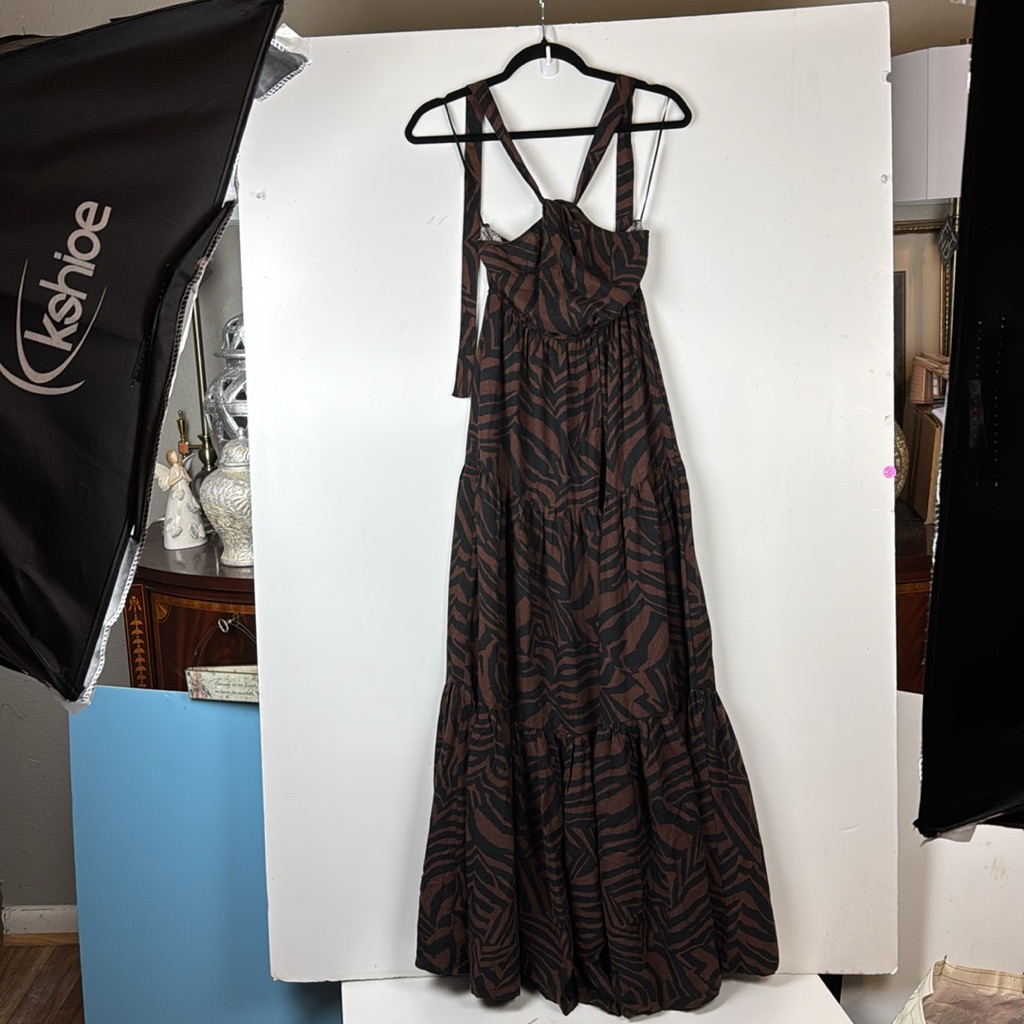 Nwt Nicole Miller Maxi Halter Dress Tiger Graphic Pockets 2 Tier Ruffle Size Xs
